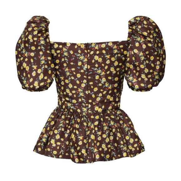 NWOT Autumn Adeigbo Bridgette Puff Sleeve Cut-Out Top Brown Yellow Floral - Picture 2 of 16
